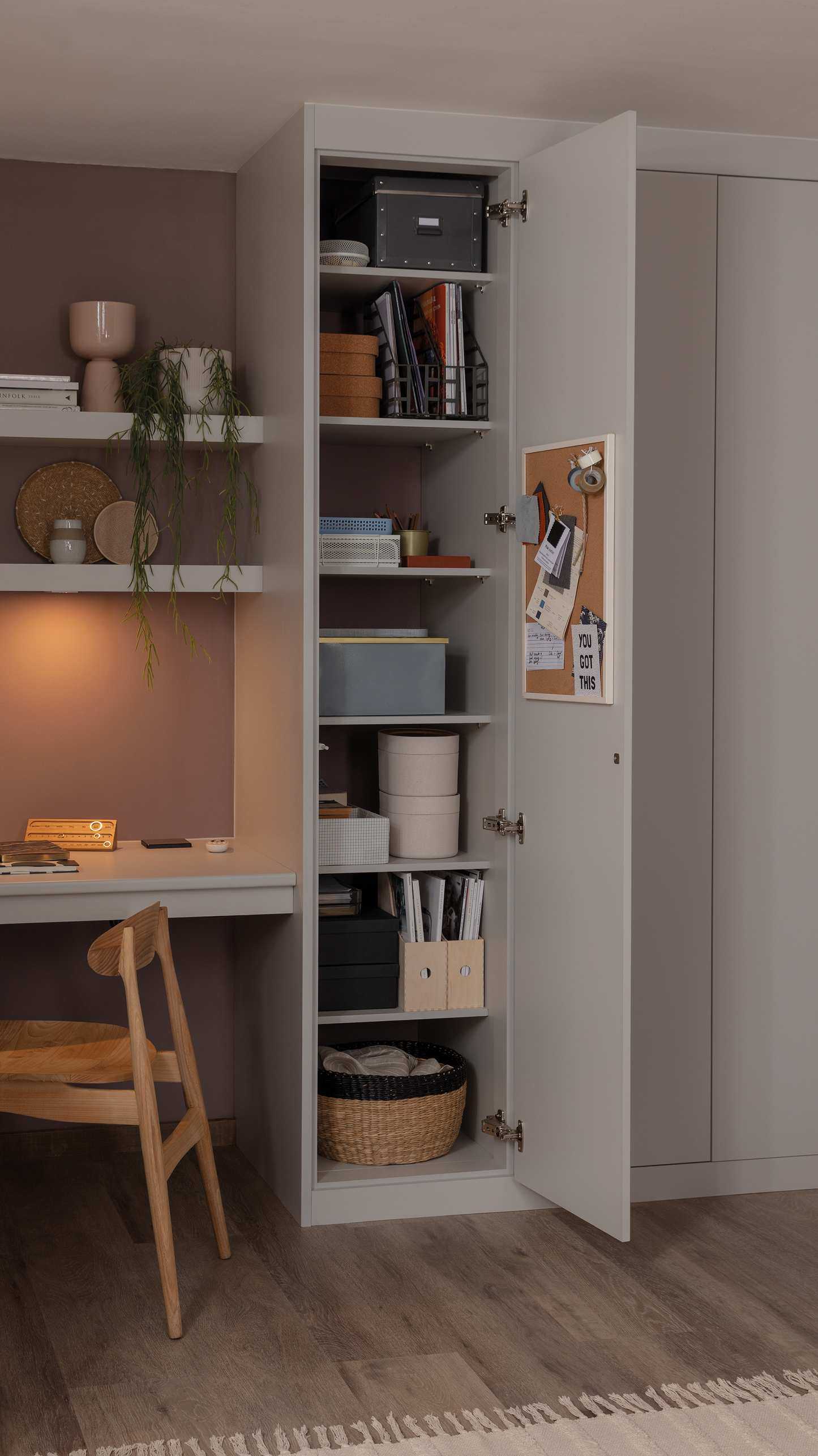 Built in cupboard-shelves and desk with modern grey finish