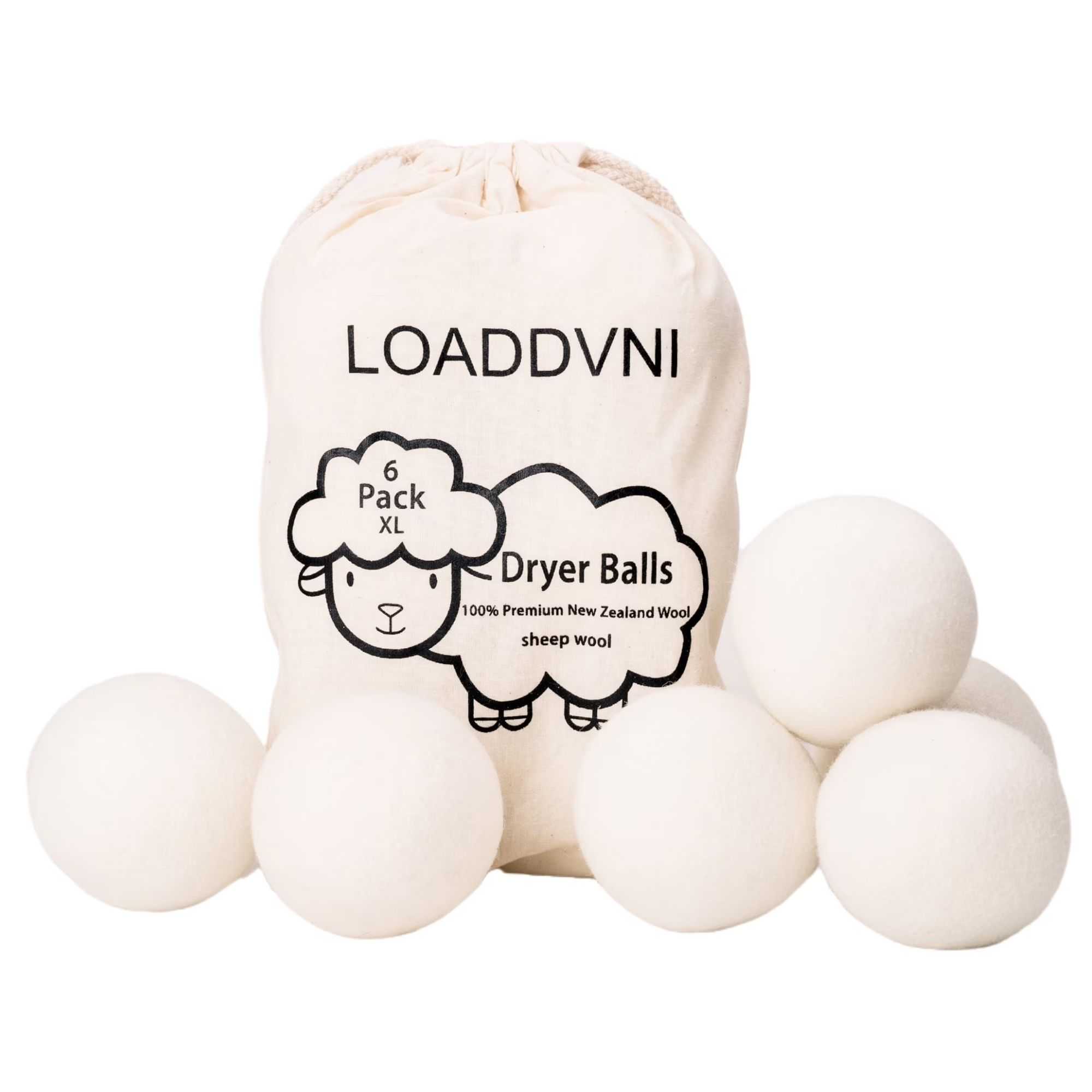 White dryer balls with a white drawstring bag with a black graphic of a sheep and black text.