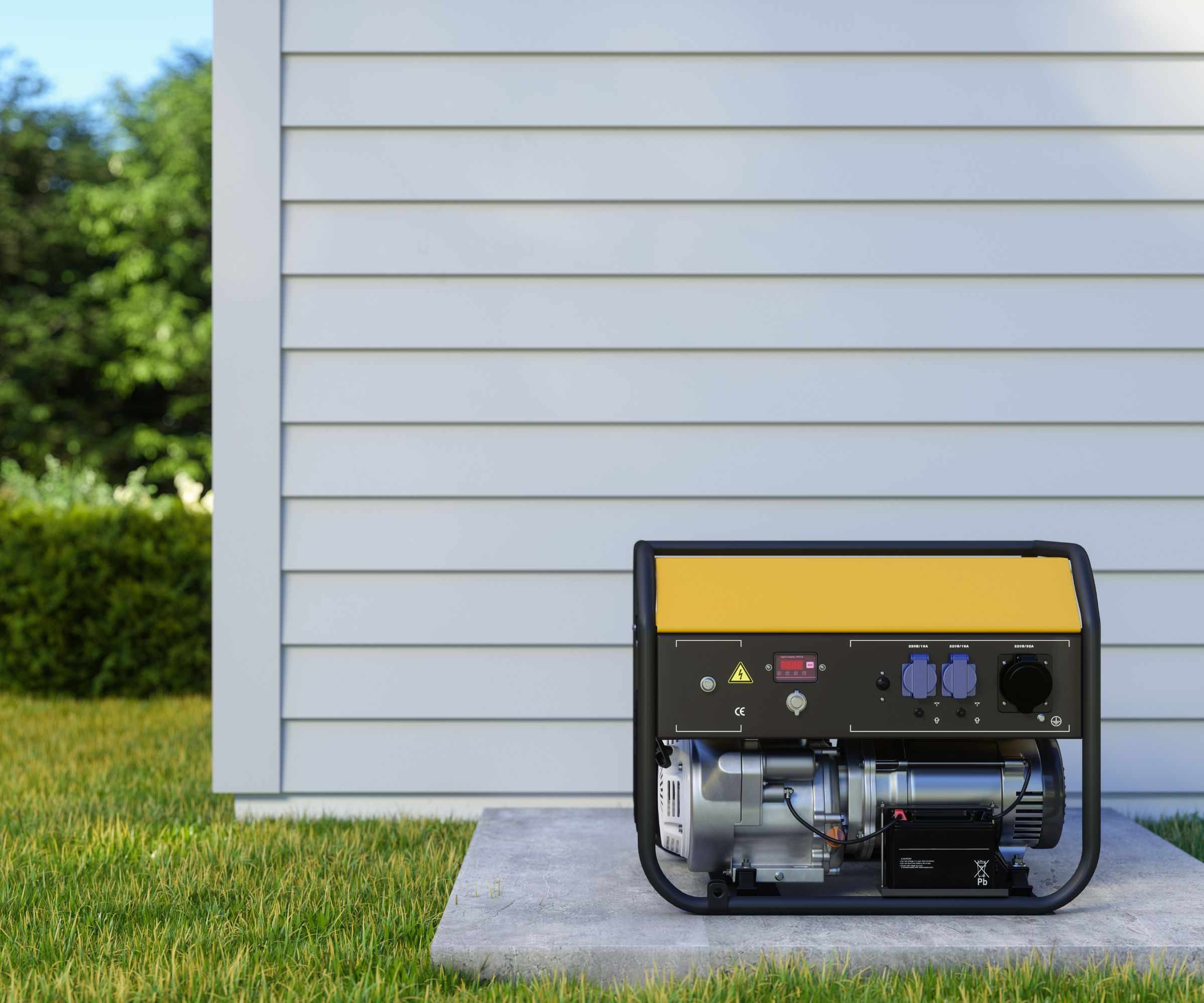A black and yellow generator outside of a white wood panel house