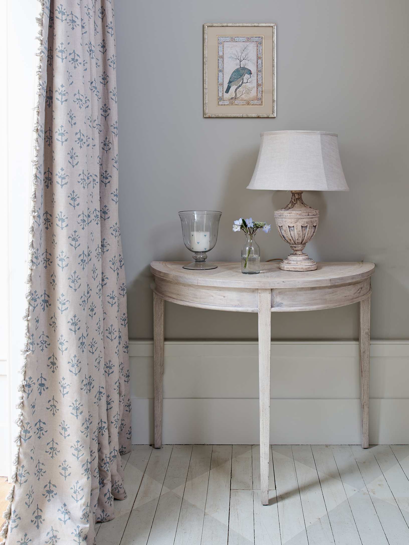 Susie Watson Designs door curtain and console table in cottage hallway ideas
