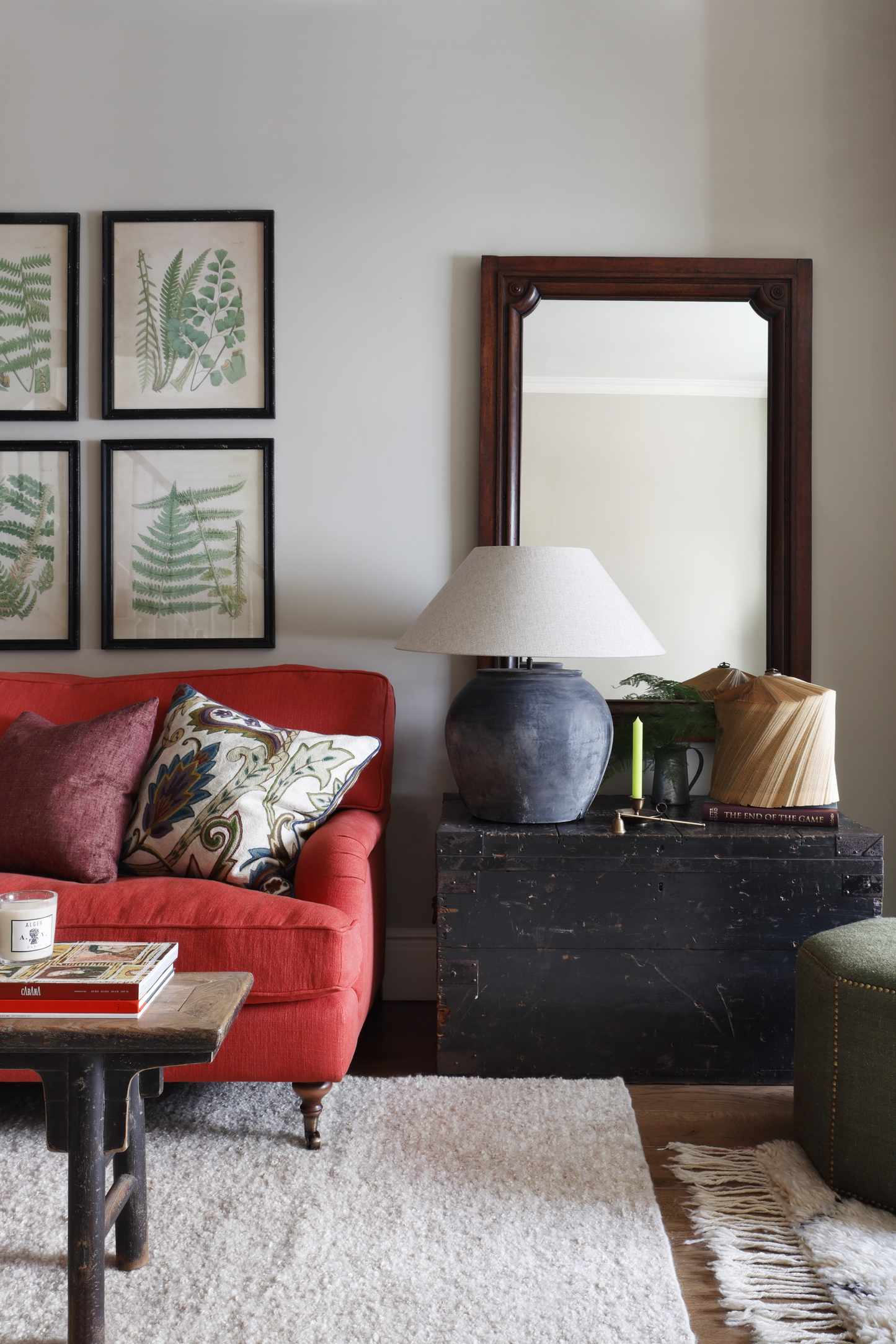 clay lampshade and botanical art in living room by Studio Duggan