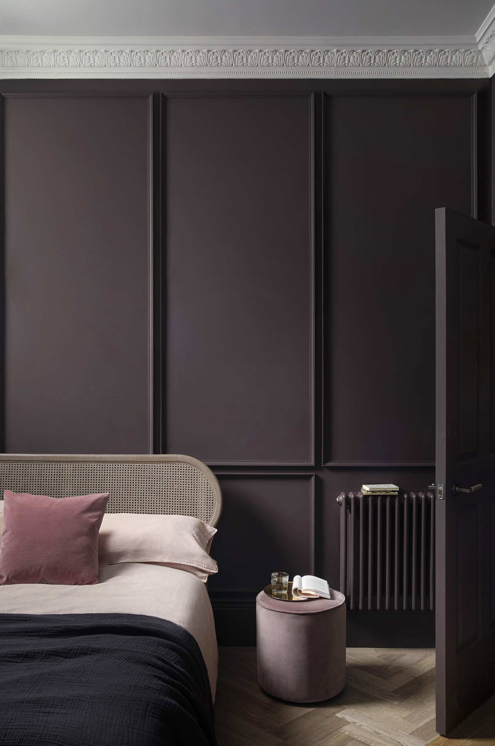 Purple bedroom with wall paneling inWalls in Pontefract by Paper &amp;amp; Paint Library