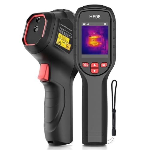 Two side of the same Thermal Camera with example image showing on its LCD screen with purple picture and bright yellow area showing moisture