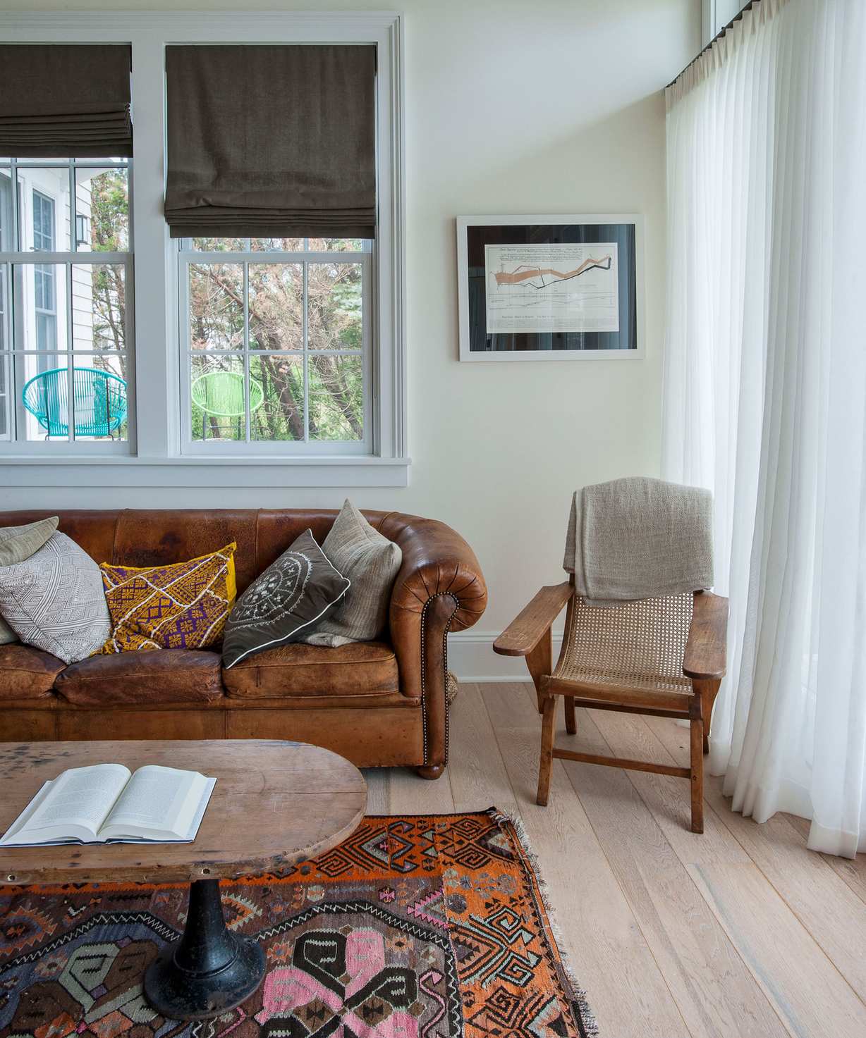 Neutral living room with wood chair and leather sofa