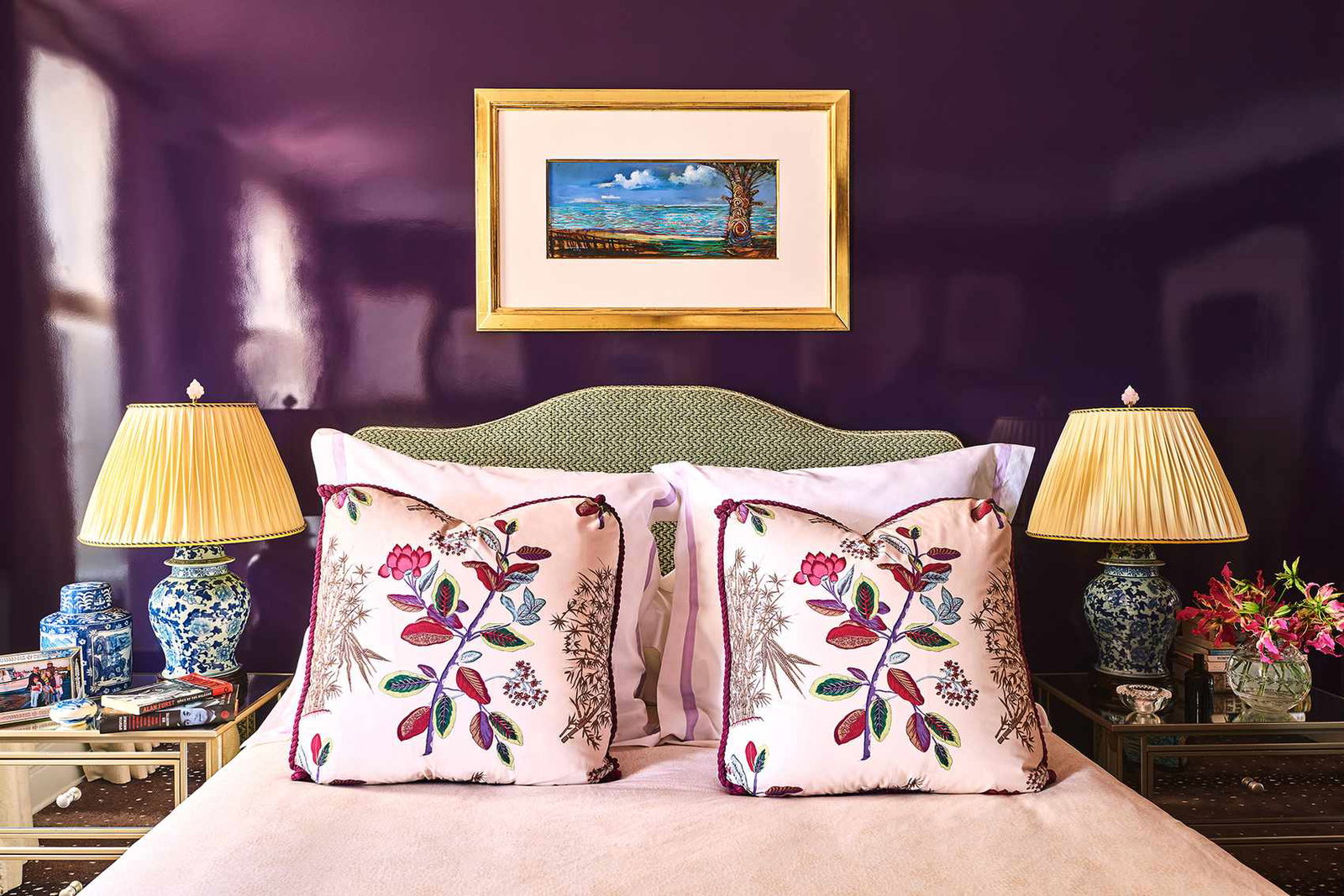 bedroom with purple gloss walls