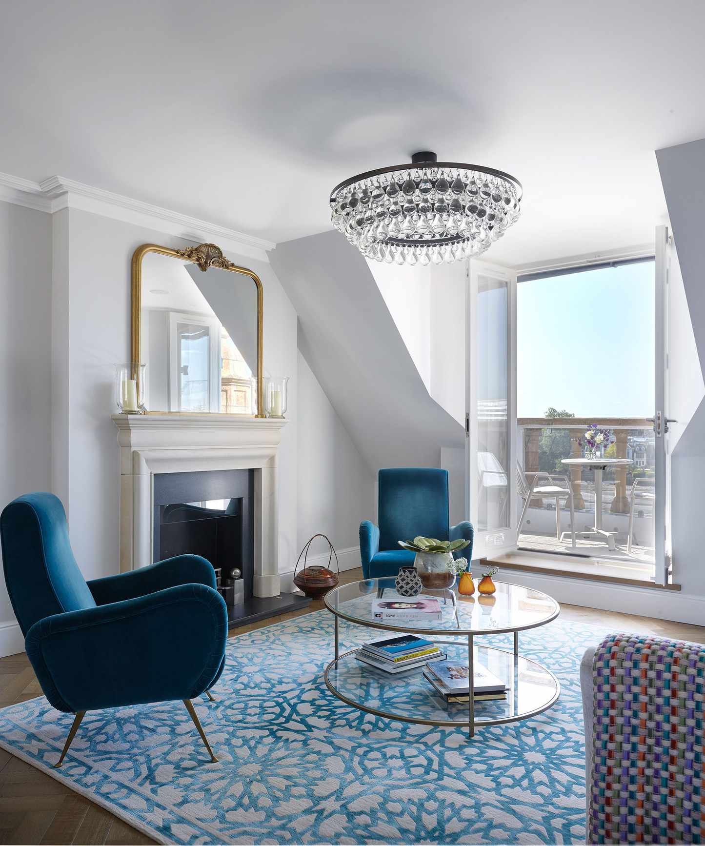 living room with blue accents