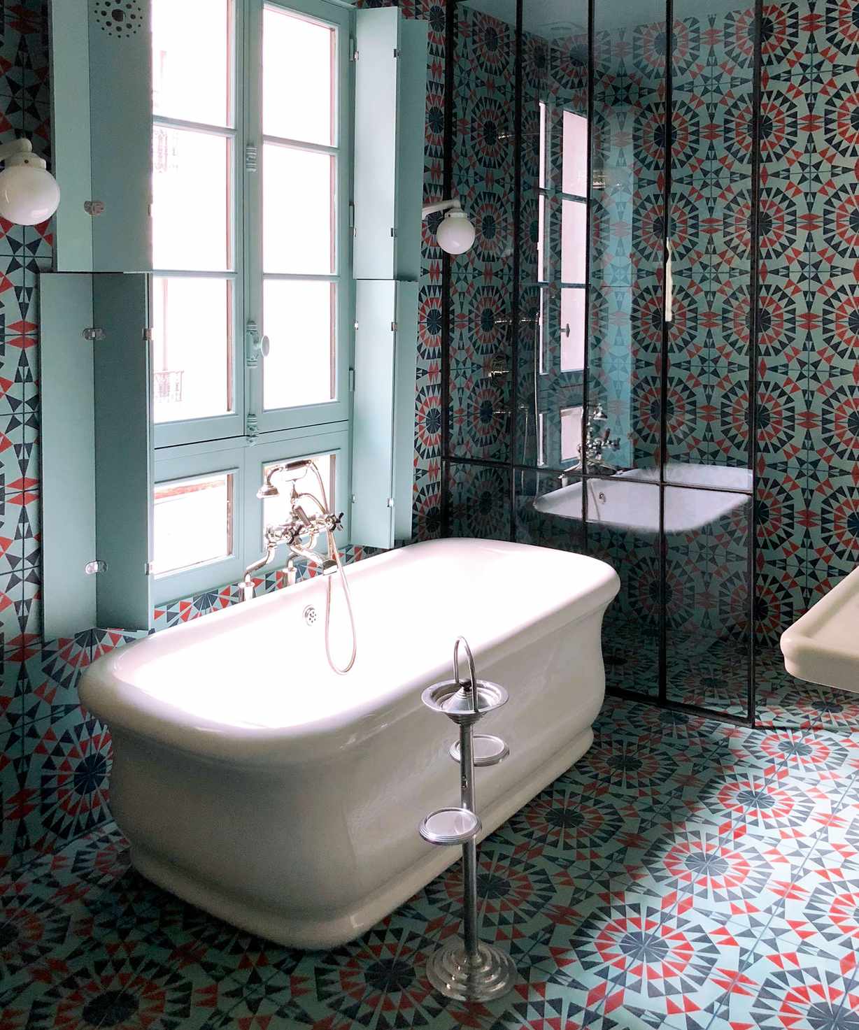 bathroom floor tile ideas with patterned tiles on walls and floor